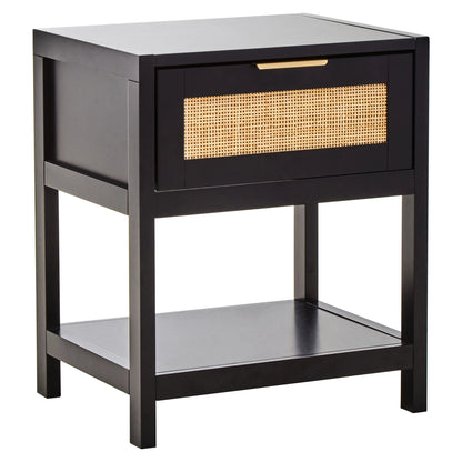 Como Black Finish and Natural Rattan One Drawer Bedside Table