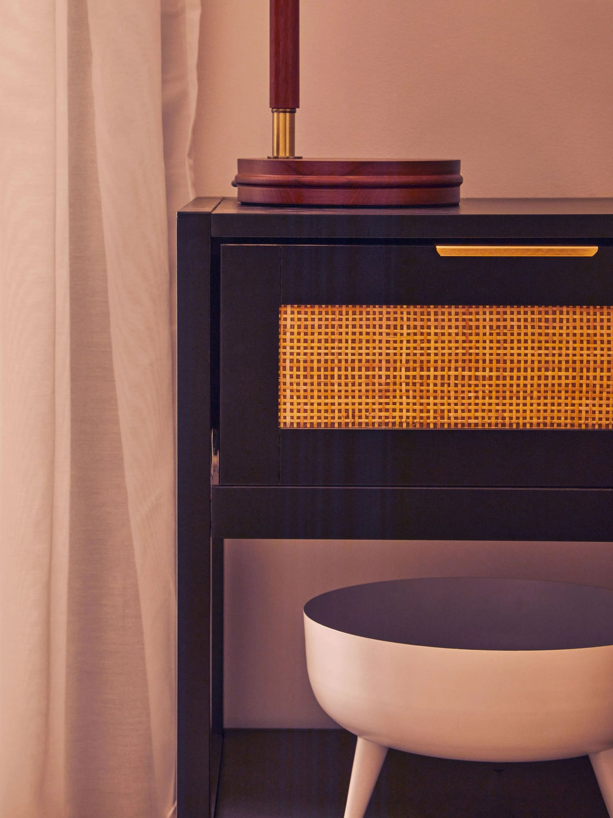 Como Black Finish and Natural Rattan One Drawer Bedside Table