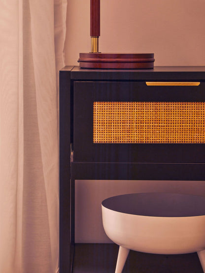 Como Black Finish and Natural Rattan One Drawer Bedside Table