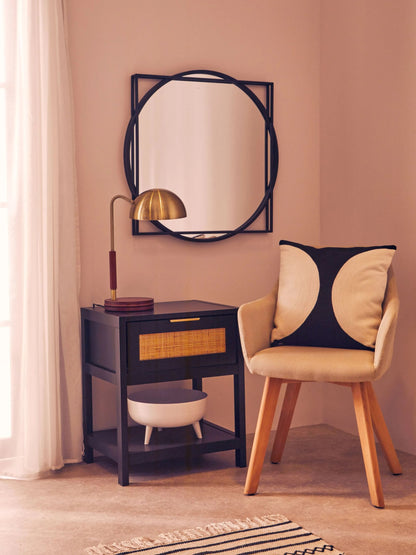 Como Black Finish and Natural Rattan One Drawer Bedside Table