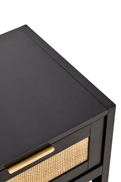 Como Black Finish and Natural Rattan One Drawer Bedside Table