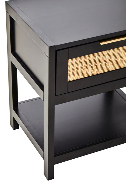 Como Black Finish and Natural Rattan One Drawer Bedside Table