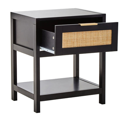 Como Black Finish and Natural Rattan One Drawer Bedside Table