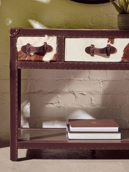 Vienna Brown and White Hair On Leather 3 Drawer Console Table