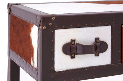 Vienna Brown and White Hair On Leather 3 Drawer Console Table