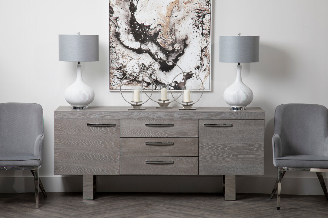 Grey Velvet Dining Chair with Silver Finish Legs in a styled room